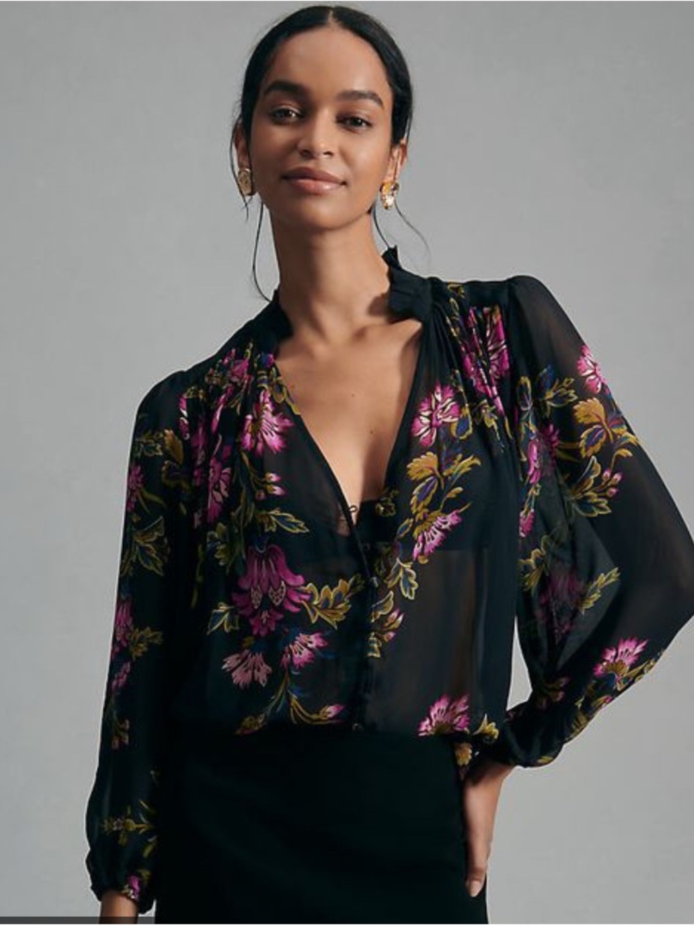 Anthropologie Estela Sheer Floral Blouse Womens S Blouson Boho Oversized